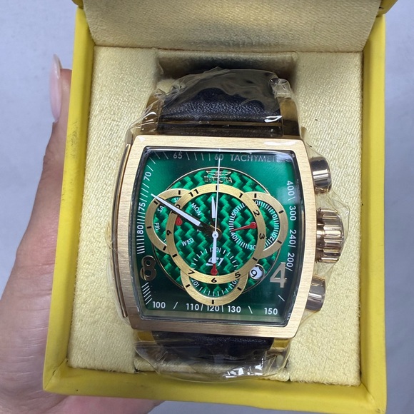 Invicta Gold-Tone Watch with Green Dial and Black Strap - Picture 3 of 3